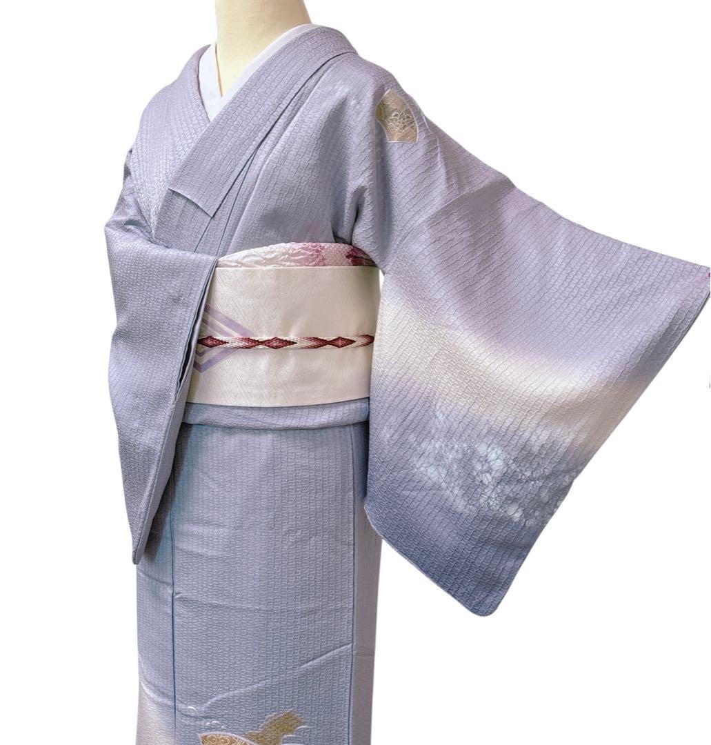 AA8美品　着物 袷 付け下げ刺繍　シワト　薄紫 正絹　暈し　手縫い仕立て　美品