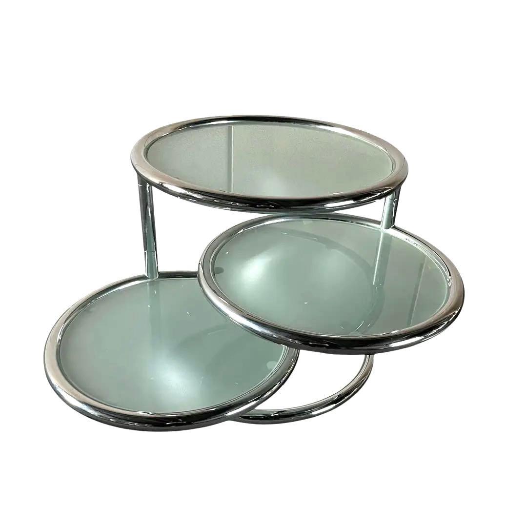 ミッドセンチュリー 丸型 ラウンドテーブル ヴィンテージ 曇りガラス ３段 4段