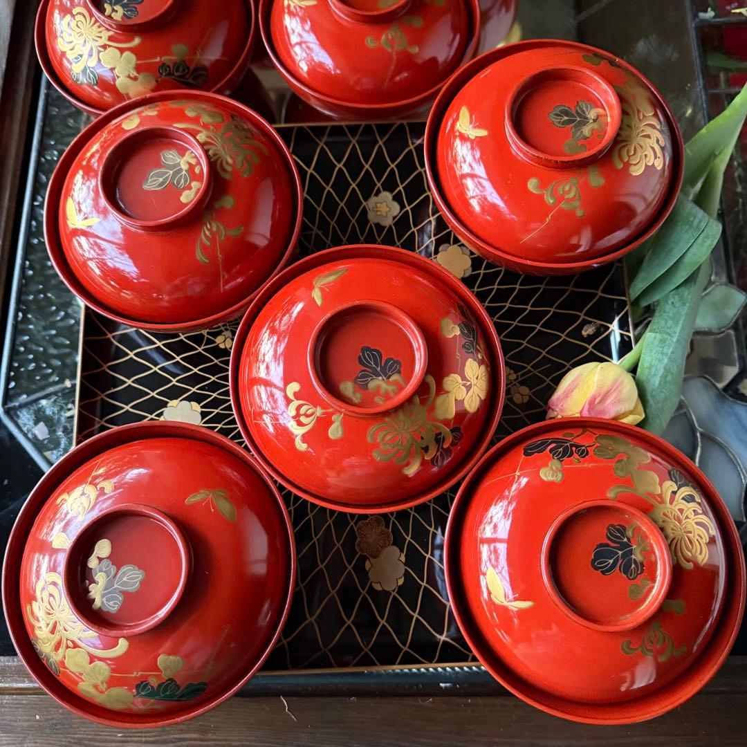 A様へ感謝お嫁入り‼️JAPAN 菊と蝶吉兆‼️朱色❌GOLD菊と蝶　吸物椀10客