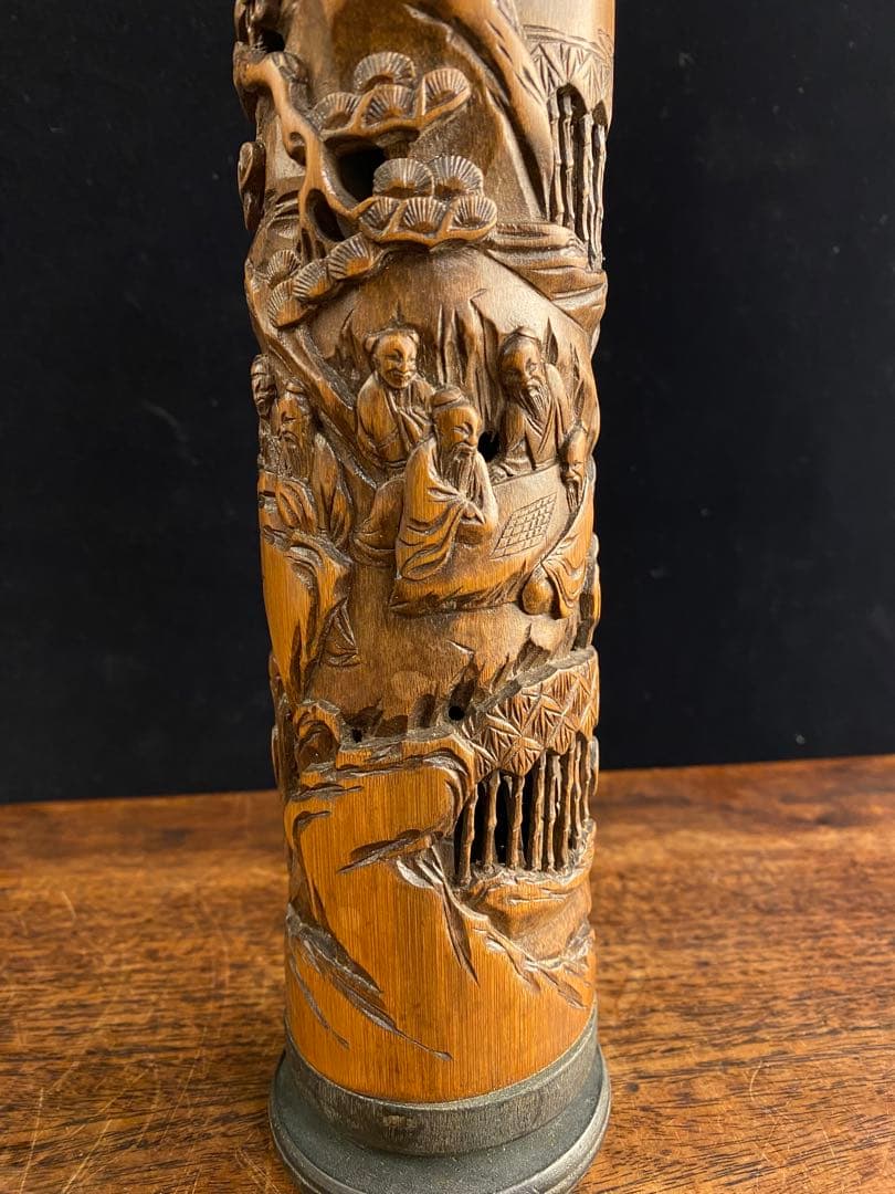 ダ*吉様 香筒　竹製透かし彫刻　中国古美術　香立