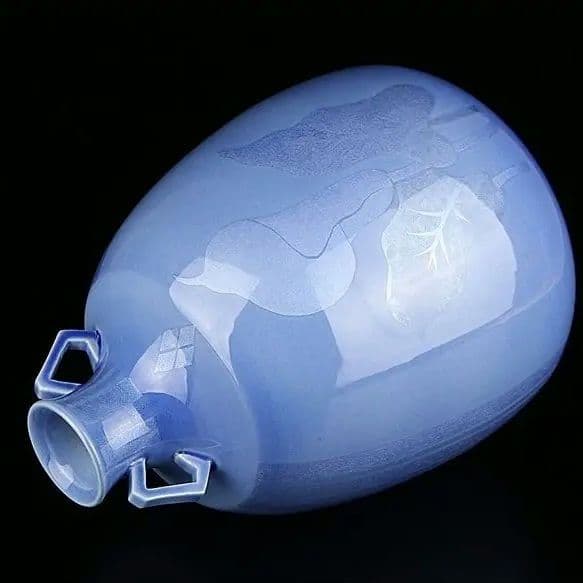 九谷焼　中田一於【人間国宝】作　耳付花瓶「淡青釉裏銀彩草花文」