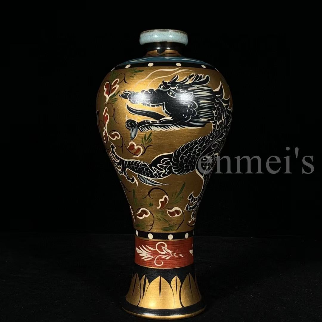 中国古美術・旧蔵宋汝窯・宋真宗御賜款彩繪龍紋梅瓶・彩絵・花瓶・陶磁器・文房置物