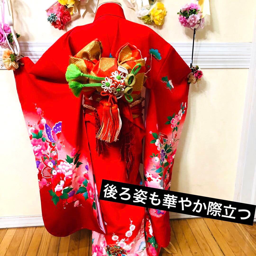 七五三七歳❣️豪華赤地手毬御所車花々金彩⭐︎作り帯楽々⭐︎完全フルセット銘品