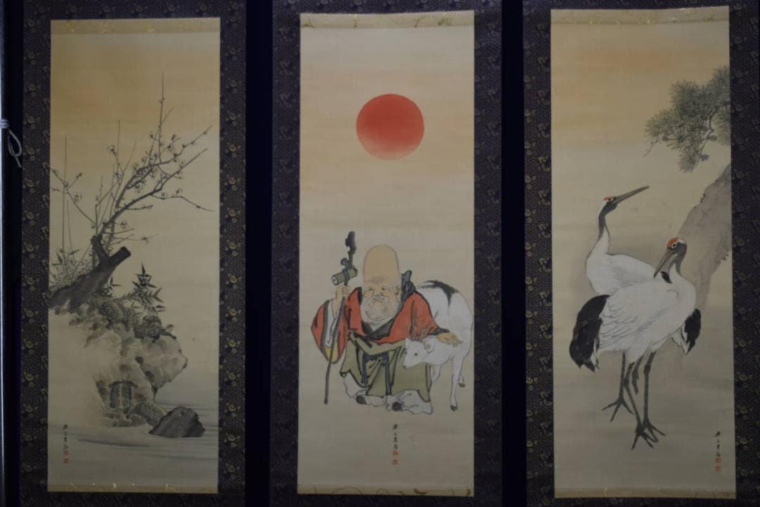 真作/岸連山/寿老鶴亀図/三幅対/布袋屋掛軸HG-111