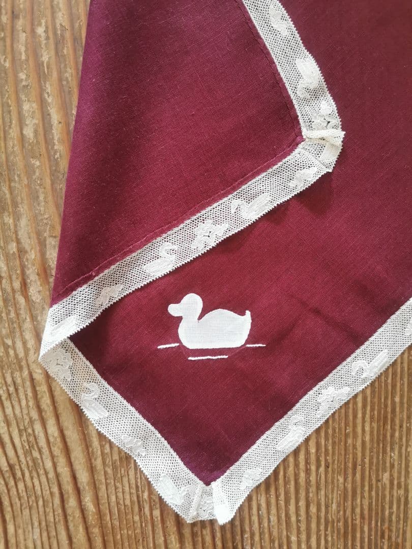 アンティーク 家鴨アップリケ刺繍 繊細な水鳥＆水草花アランソンレース クロス α