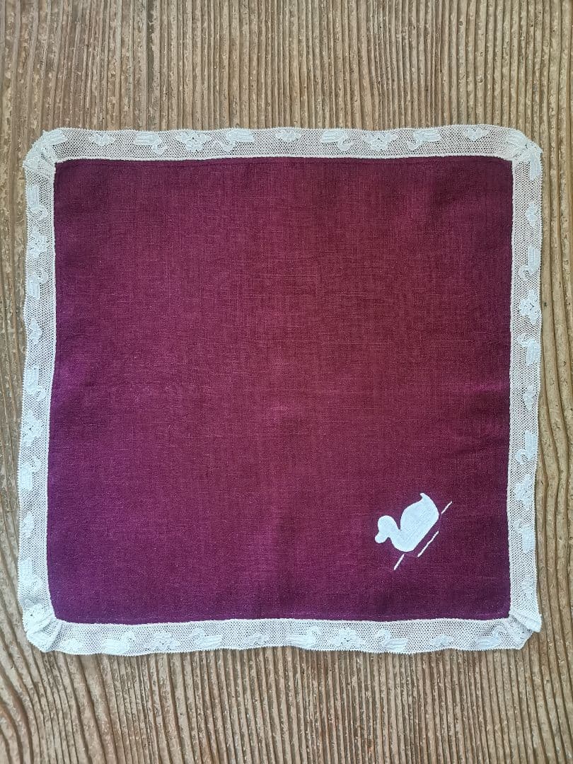 アンティーク 家鴨アップリケ刺繍 繊細な水鳥＆水草花アランソンレース クロス α