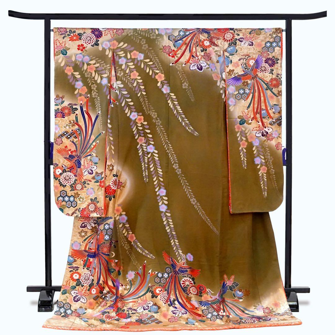 引き振袖 緑茶地 鳳凰に花 豪華 新婦 結婚式 花嫁 挙式 披露宴