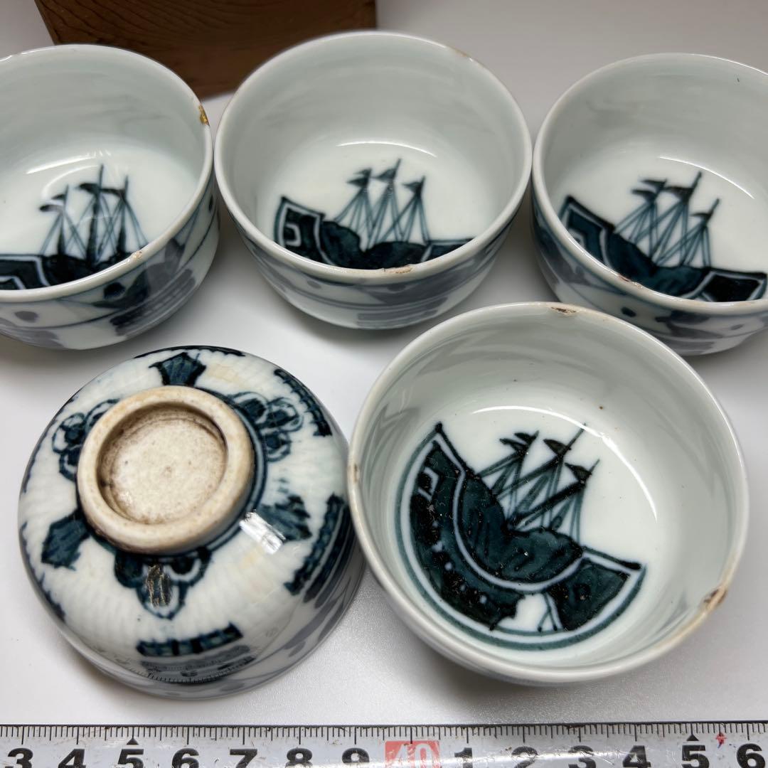唐物　古染付　煎茶碗5客　木箱付　口径6.4㎝ 東Y7-0812①タウサ
