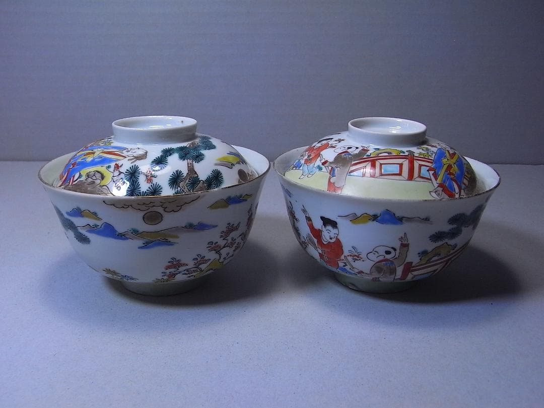 中国色絵蓋茶碗　大清乾隆  2客