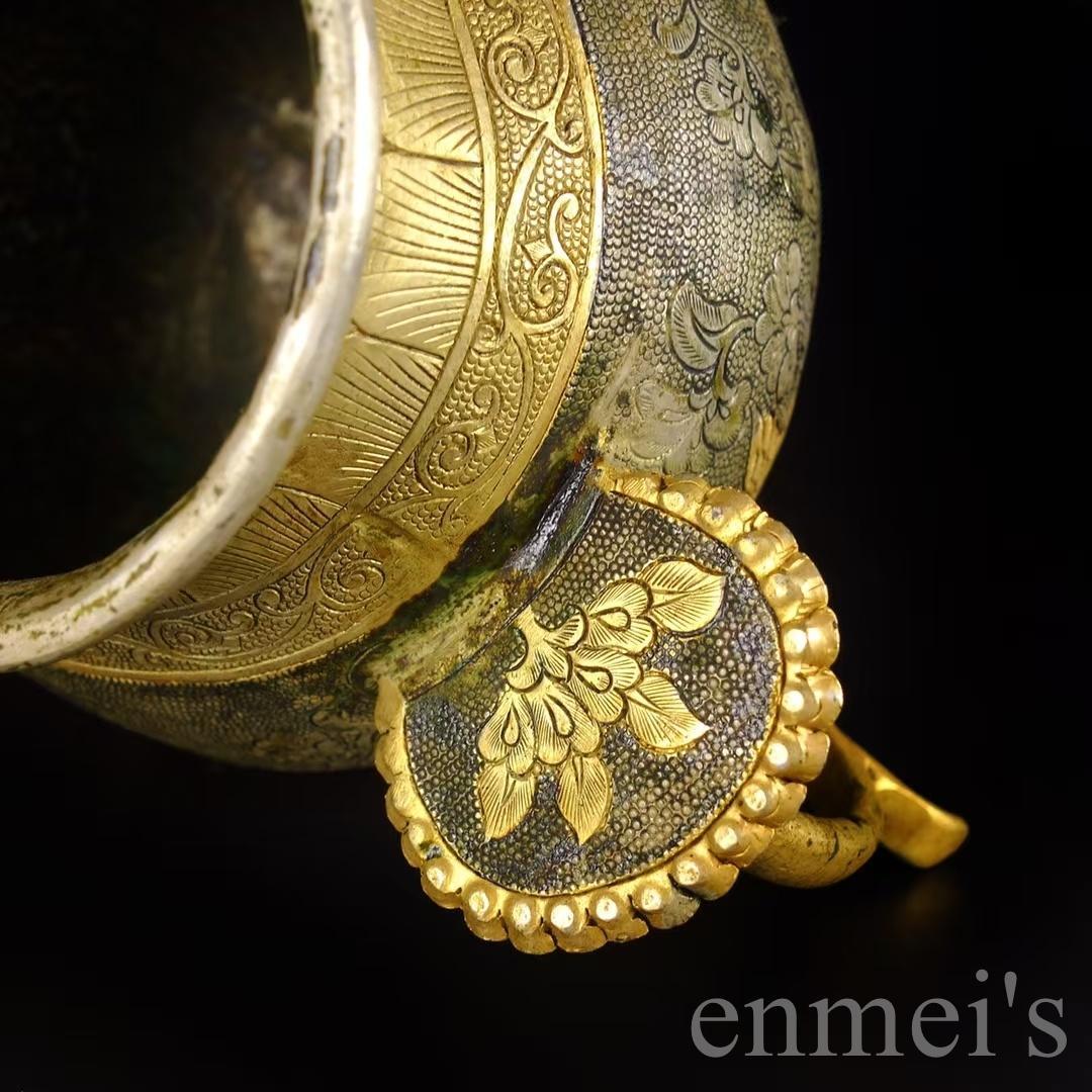 中国古美術 唐風 描金 純銅製 鏨刻罐 供物器 細密細工 置物 賞物 擺件 唐物