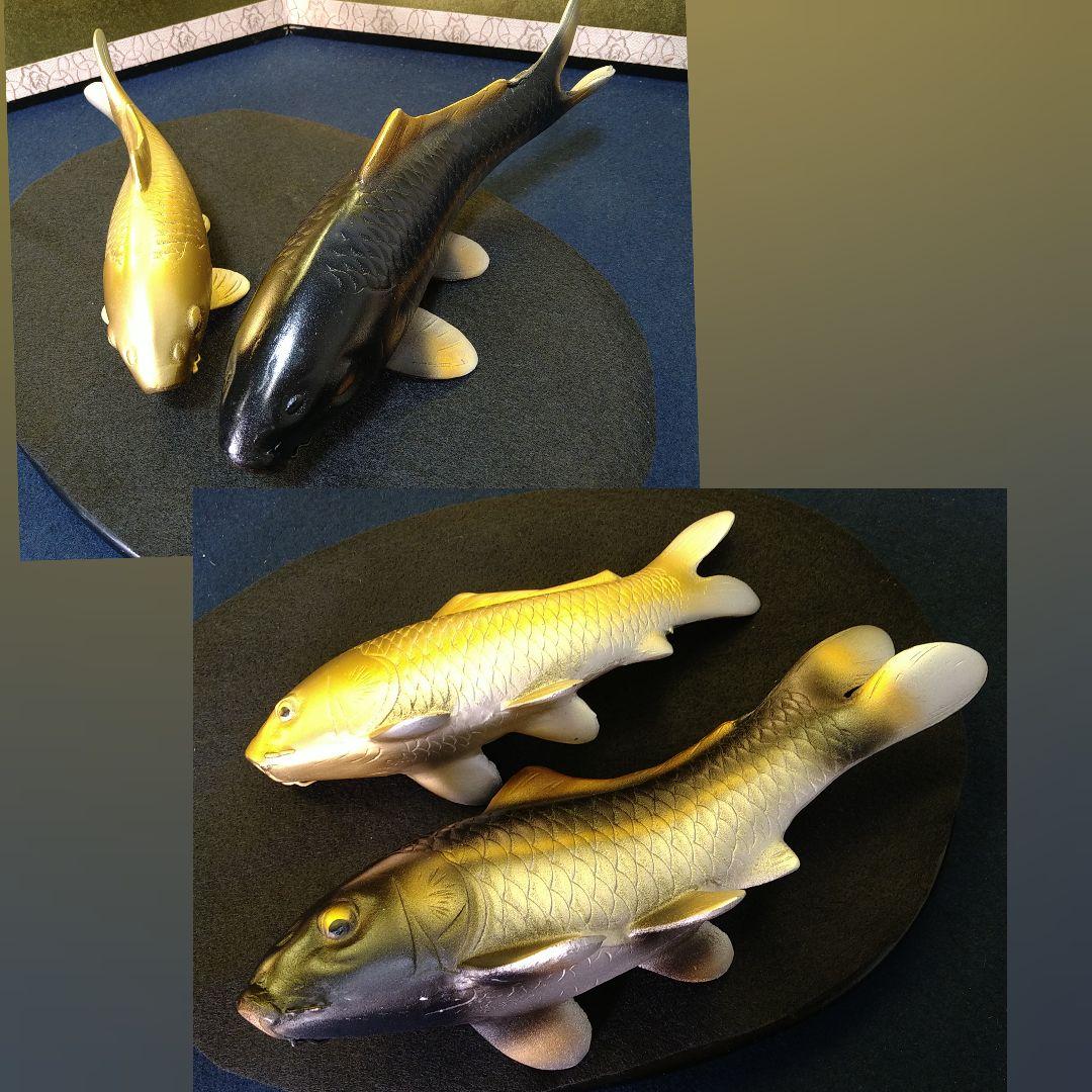 AH68 金属工芸 双鯉 寿山 豊 置物 オブジェ鯉 飾り台付 黒