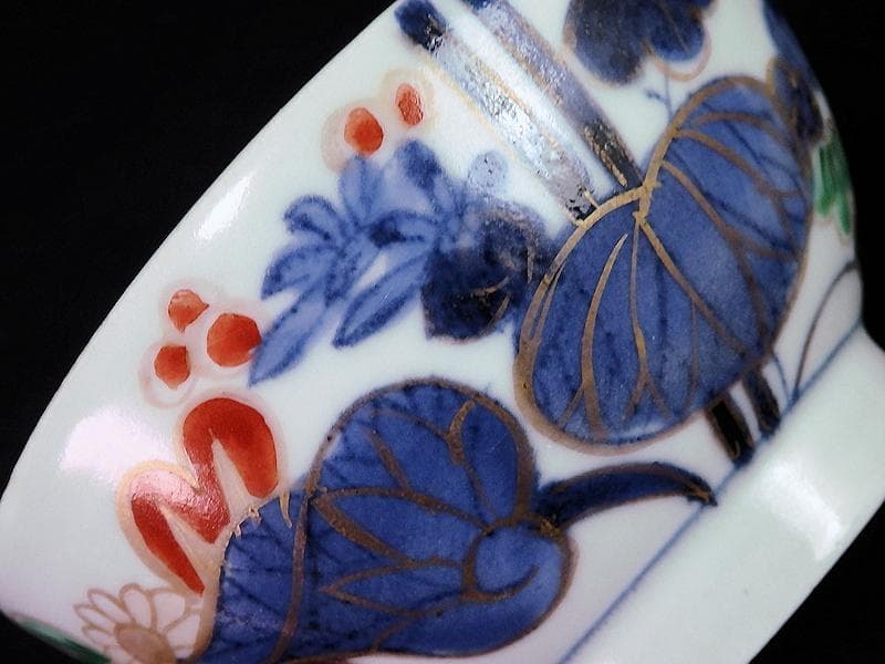 古伊万里　染錦　河骨紋の図　広東型　蓋茶碗　５客　C859AS-CEw