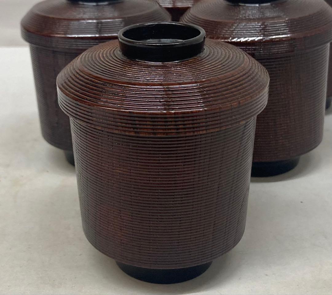 B518b「松葉図 面取千筋欅 箸洗 5客」溜塗　椀　茶道具　懐石道具