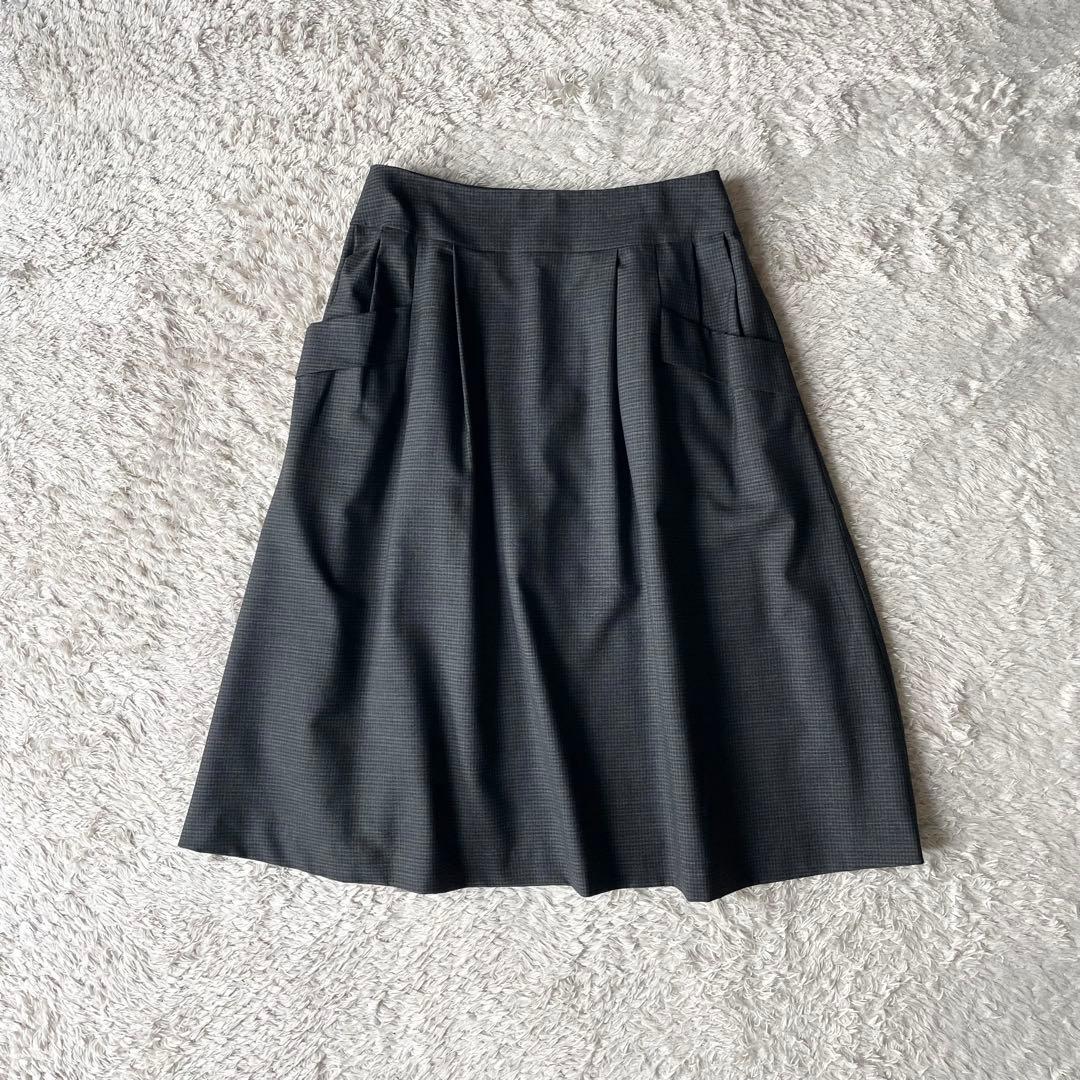マーガレットハウエル 美品 ウールタックスカート 2 チェックグレー
