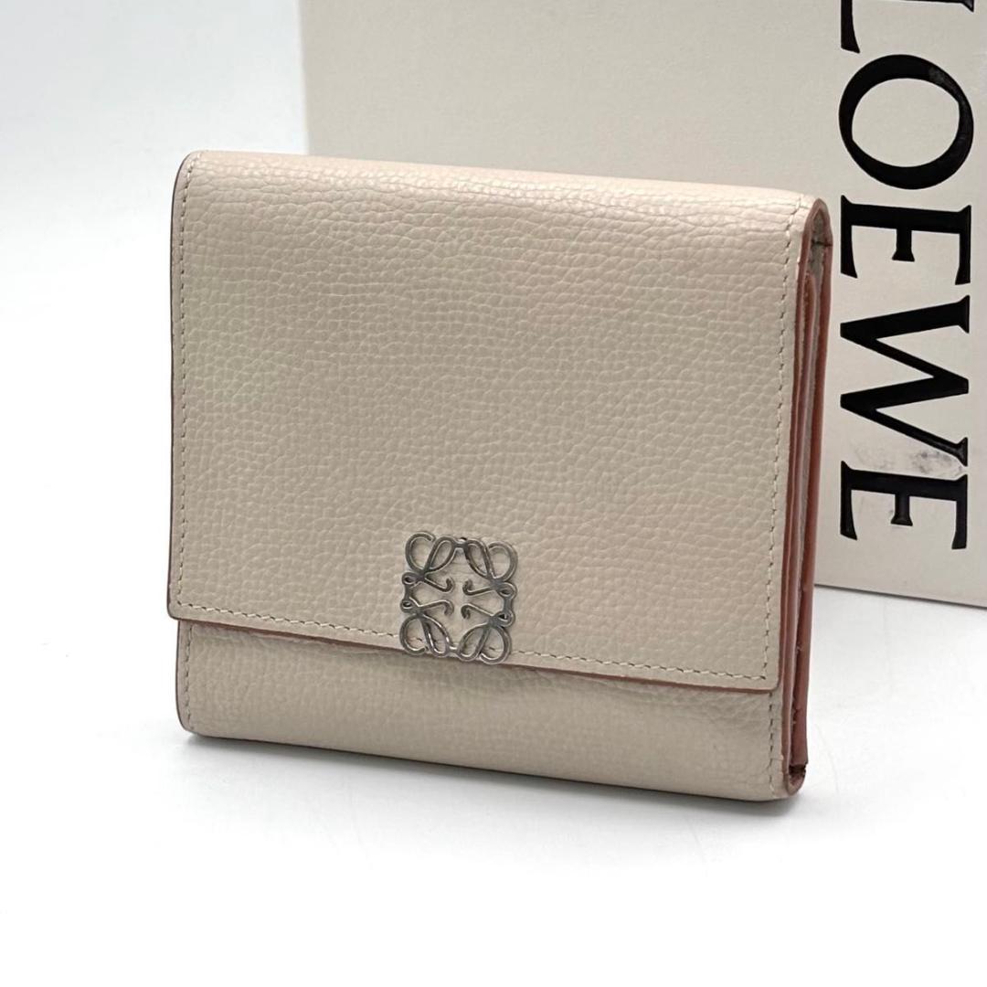 美品 箱袋付属 ロエベ 三つ折り財布 アナグラム ベージュ コンパクト 小銭入れ