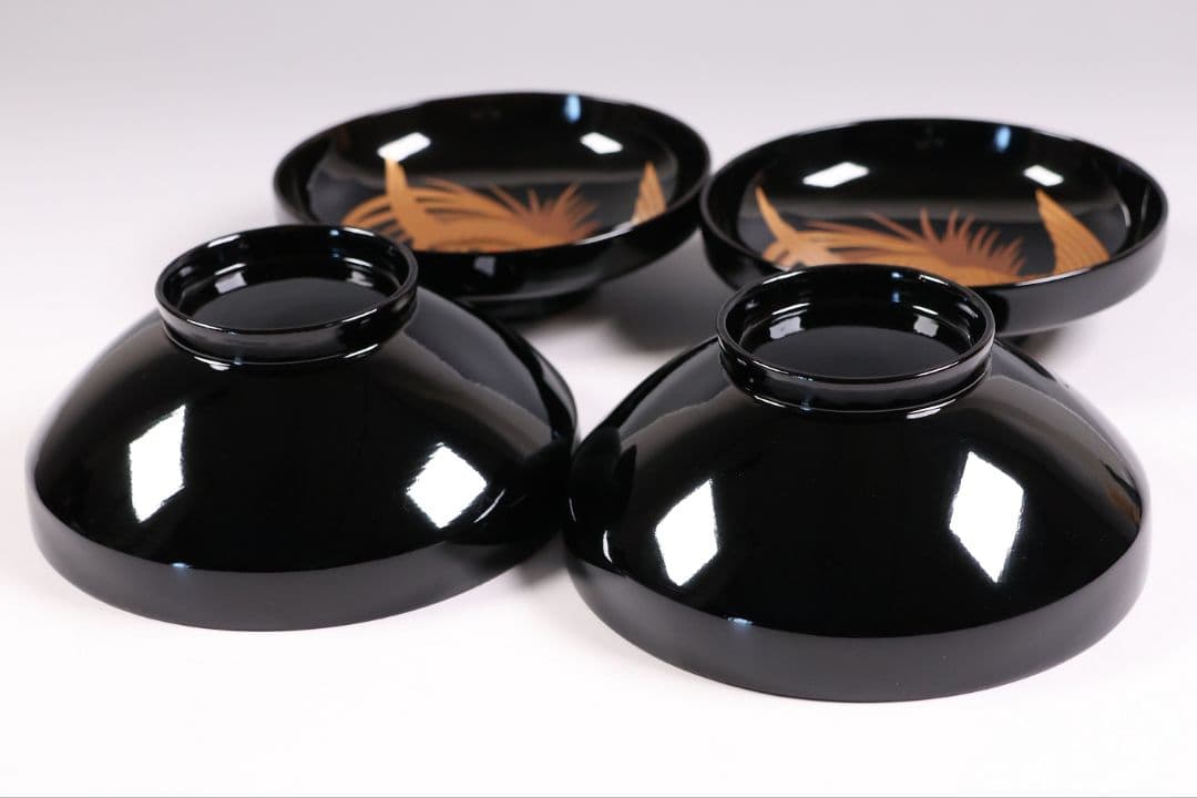 【CM400】天然木漆塗 菊桐鳳凰金蒔絵 黒塗 吸物椀 二客 昭和期 木製漆器