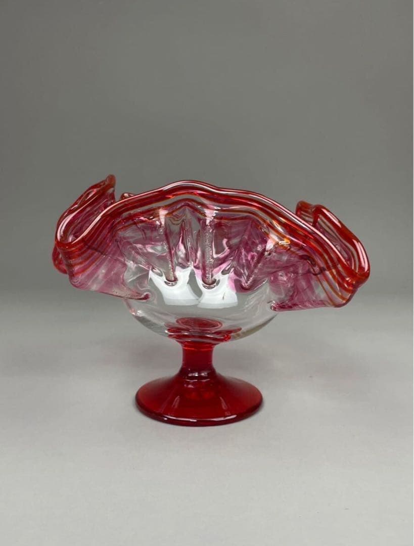 明治期 氷コップ 和ガラス 硝子 赤フリルガラス 色ガラス 手捻り 気泡有り