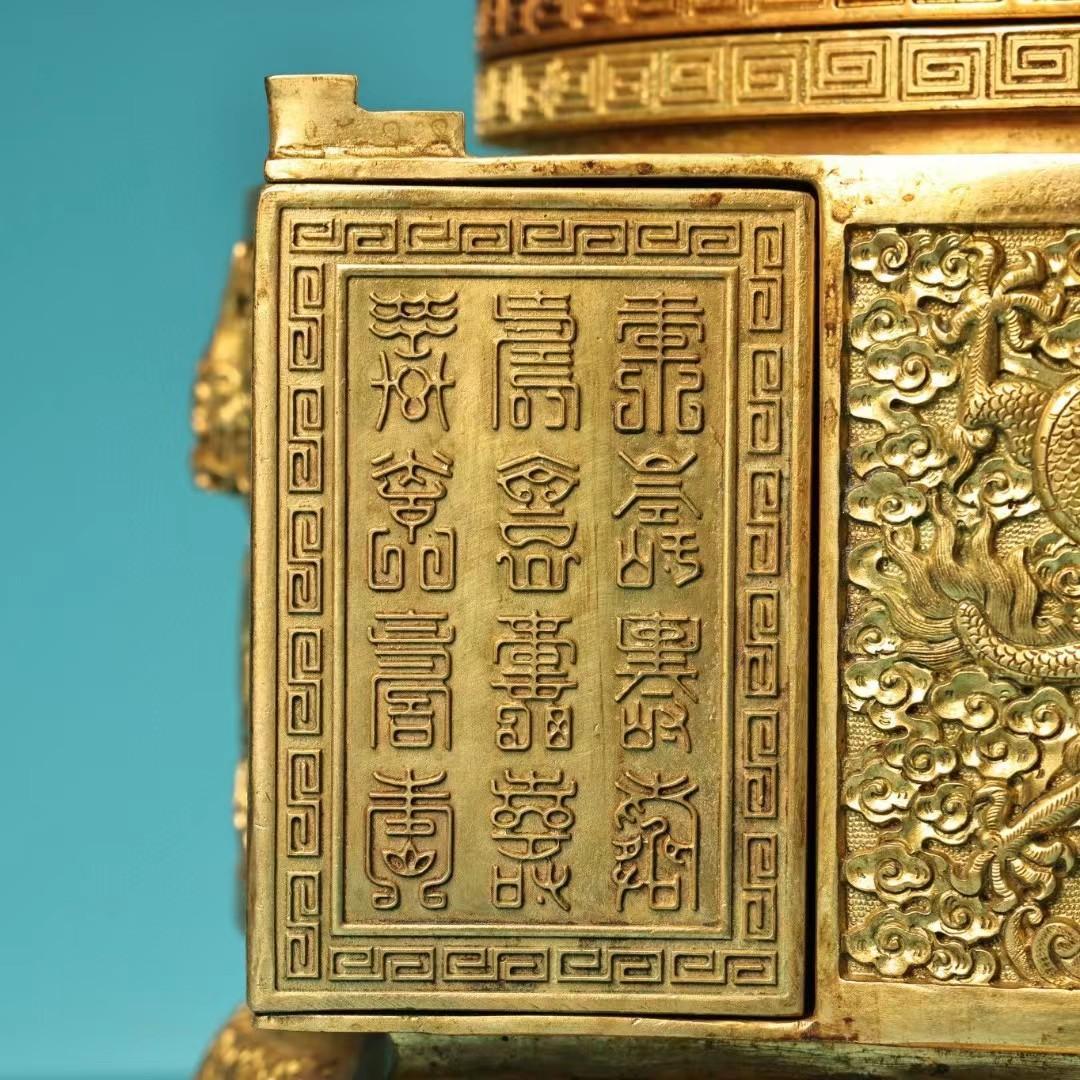 中国古美術・旧蔵鎏金转角煙香炉・純銅细密彫・純手作・高浮彫・置物・茶道具・文房具