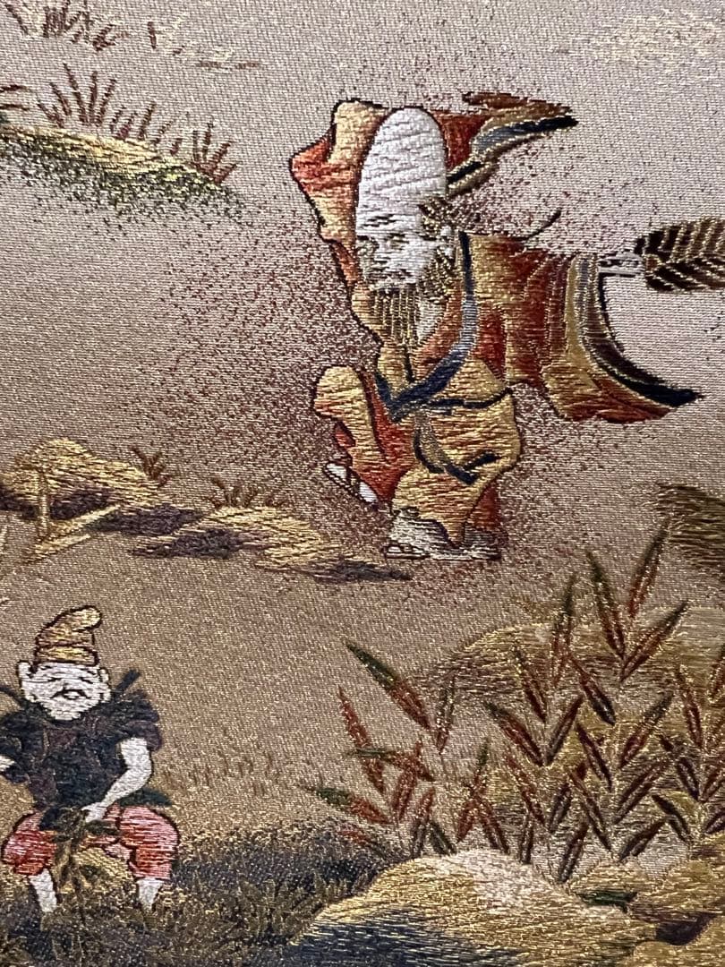 西陣織「吉祥十全図」織物 細密刺繍 七福神 富士 日本画 掛軸 掛け軸 茶掛