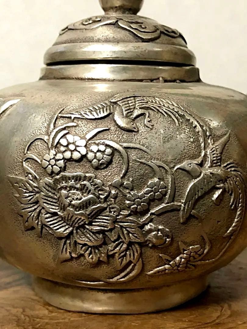 中国美術 白銅 鳳凰草花刻紋 急須 大明宣徳年製