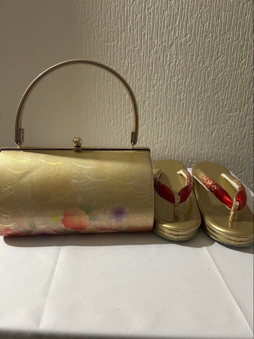 花柄ゴールド 草履バックセット　LL振袖　成人式　華やか