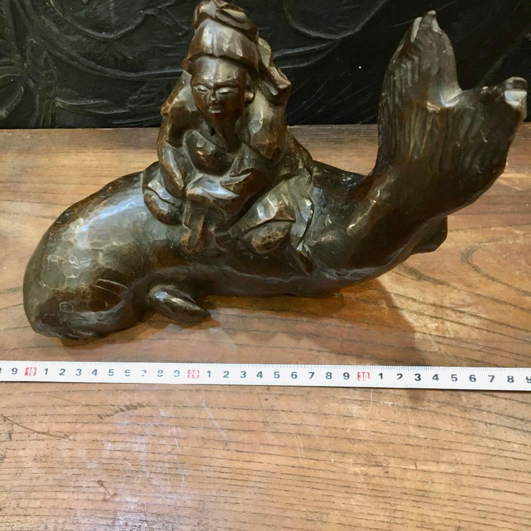 骨董 木彫り像 鯉 仙人