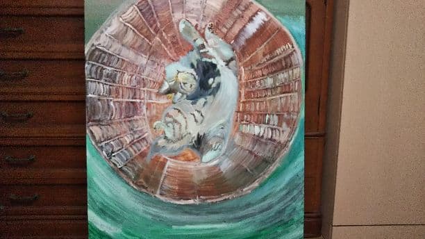 油絵  キッチン眠る猫  【送料無料】