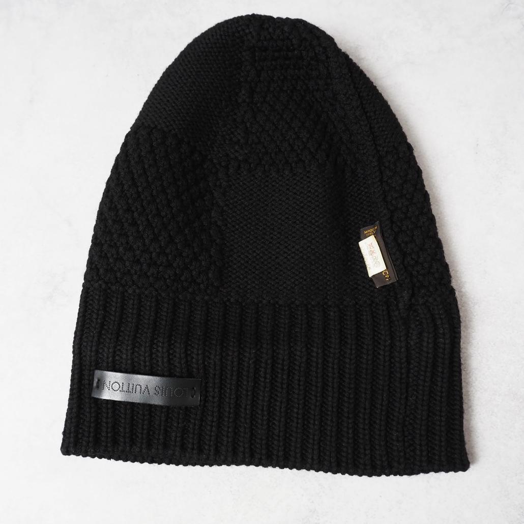 LOUIS VUITTON　ダミエ柄ニット帽 レザーパッチ 黒 イタリア製