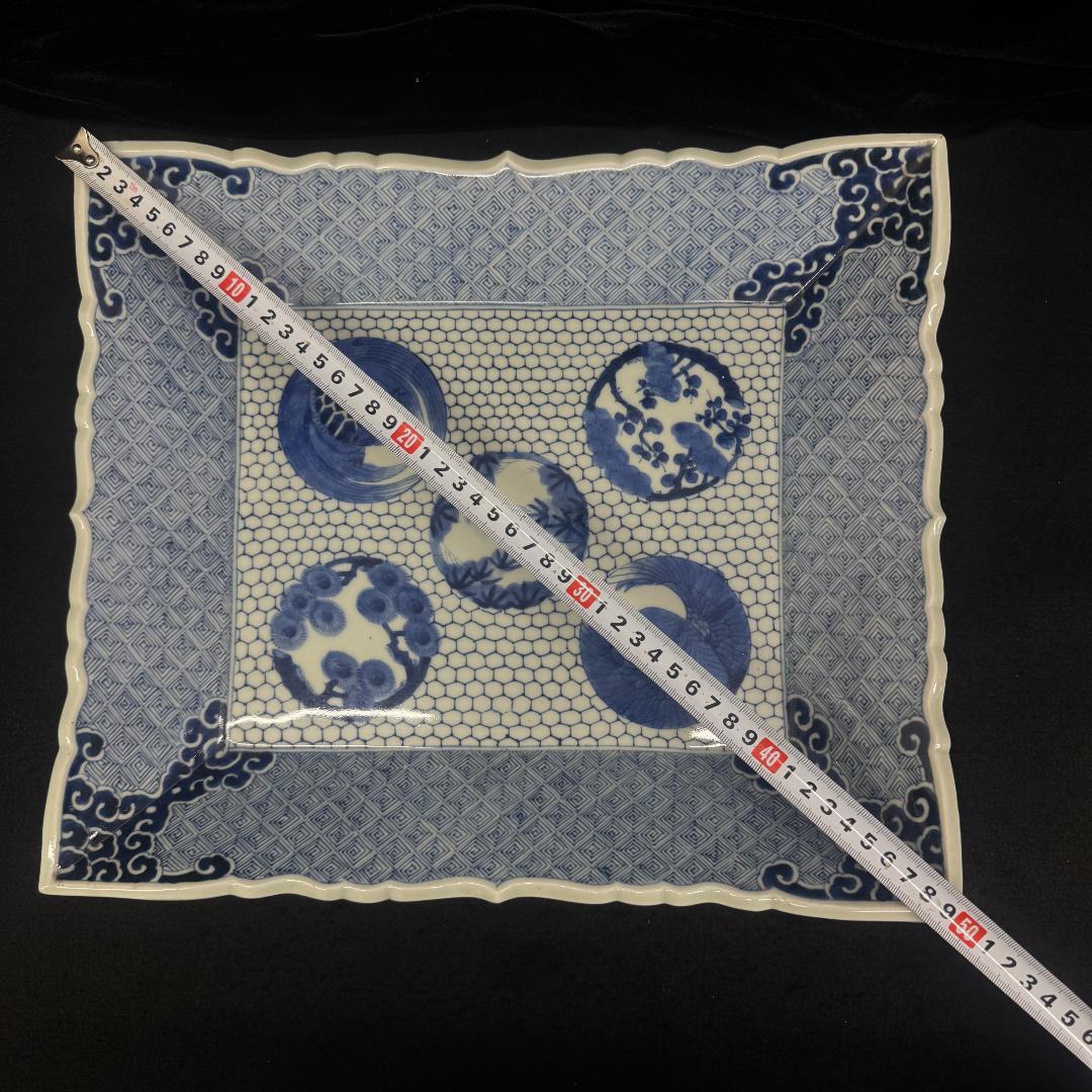 古伊万里 希少 角皿 染付松竹梅鶴亀紋絵飾り皿 手描き アンティーク 骨董