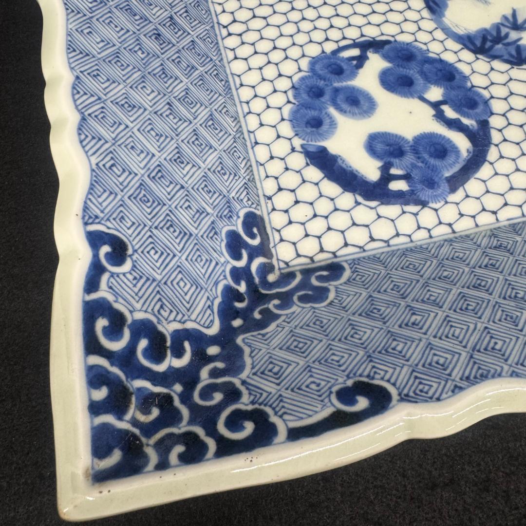 古伊万里 希少 角皿 染付松竹梅鶴亀紋絵飾り皿 手描き アンティーク 骨董