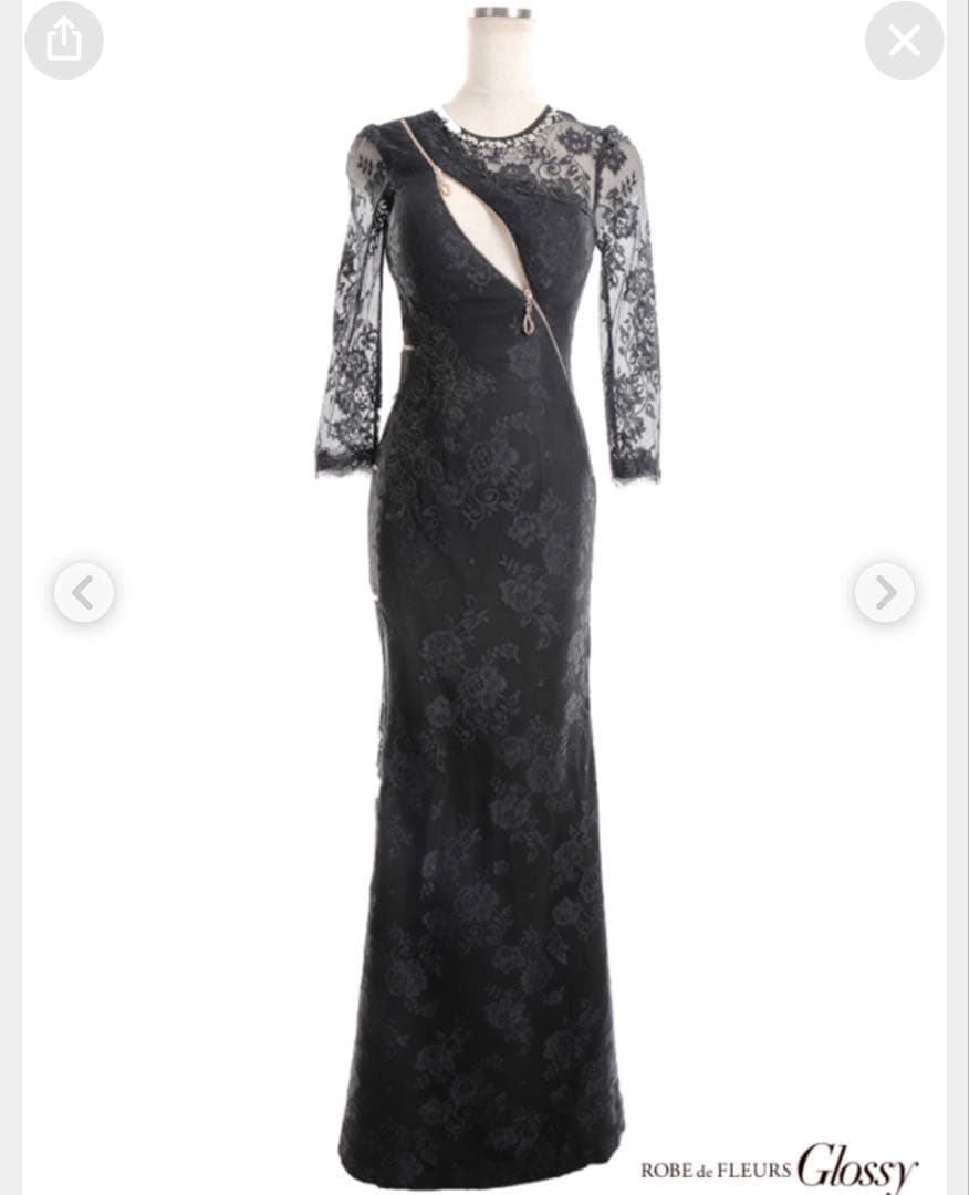 ROBE de FLEURS Glossy ブラックレースドレス ロング　L