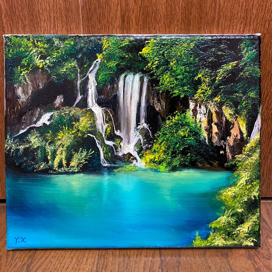 油絵:滝(額縁付き)