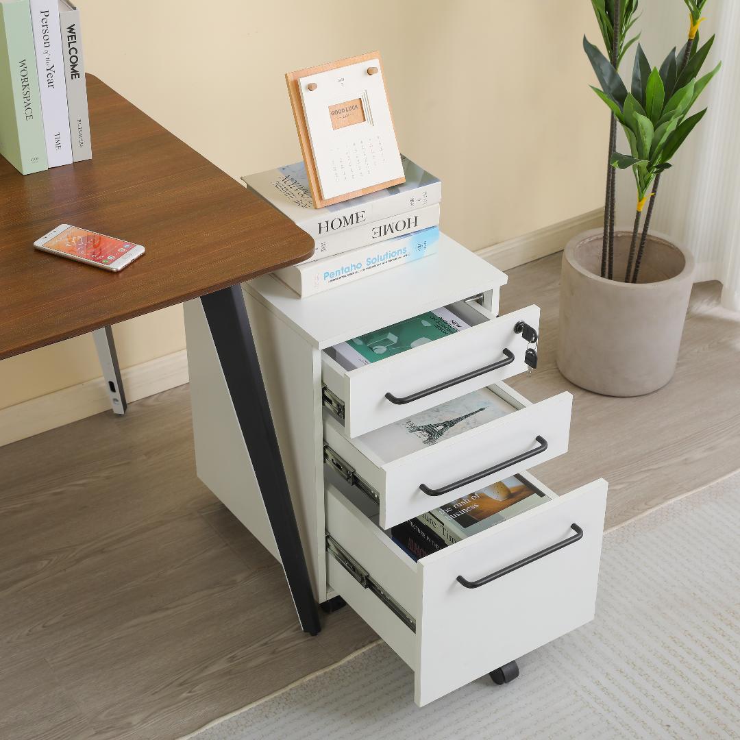 【ホワイト】デスクワゴン サイドワゴン 鍵付き キャスター付き 引き出し3段
