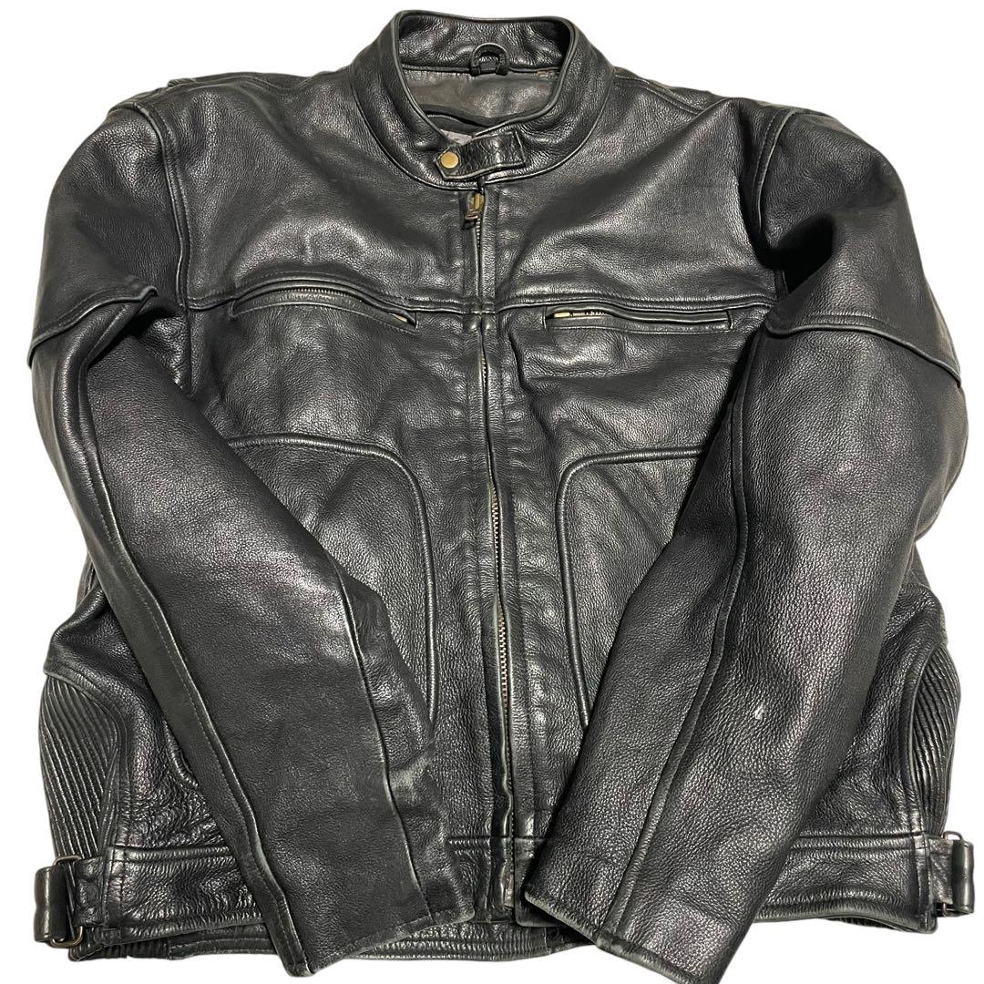 【超大きいサイズ×本革】リアルレザーシングルライダースジャケット USA 黒4L