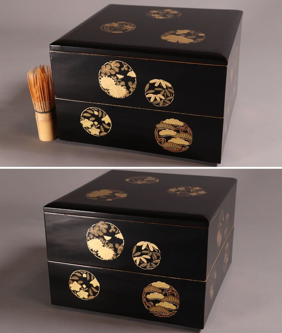 漆芸 木製漆器 丸に草花図 金蒔絵 二段重 重台 黒塗 朱塗 重箱【MA171】