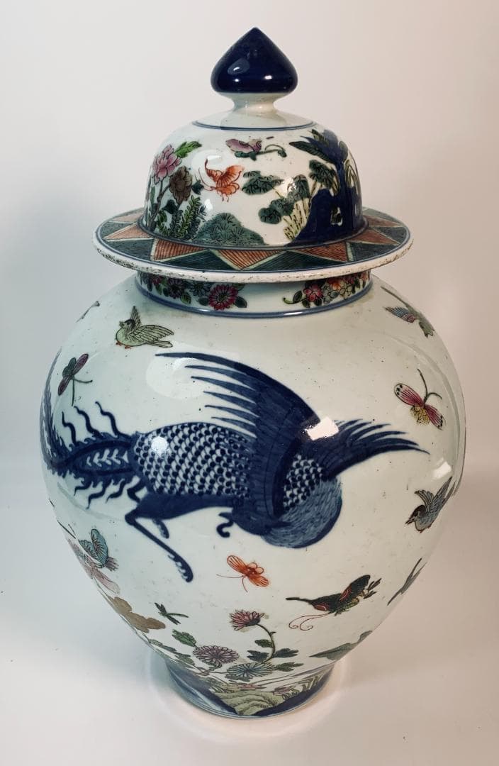 民国前期 景徳鎮 粉彩五彩 将軍罐 大型 有蓋壺／鳳凰・麒麟・花鳥図 約43cm