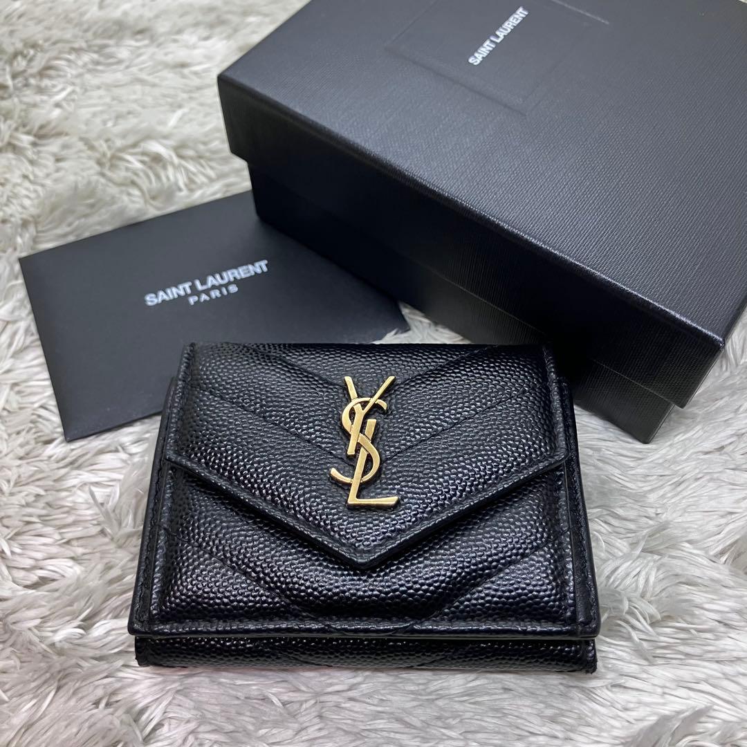 箱付き極美品✨ サンローラン 三つ折り財布 カサンドラ キャビアスキンYSL