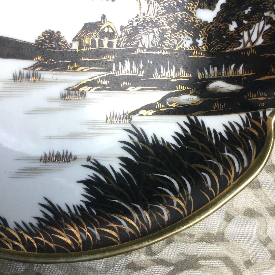 オールドノリタケ　風景画デザインの取手付き陶磁器皿