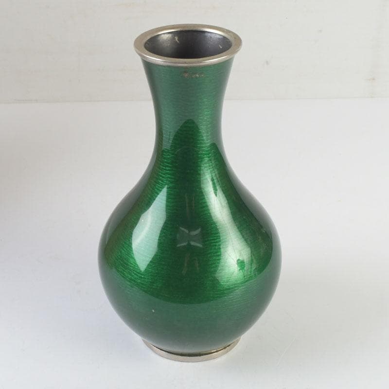 七宝焼　緑釉　松文　花瓶　共箱　V　9827