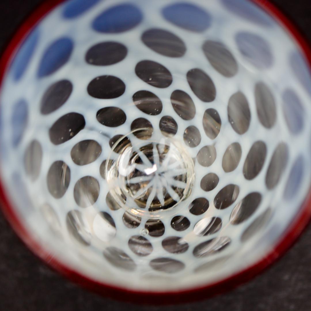 赤縁乳白水玉文 棗型氷コップ 和硝子 ウランガラス