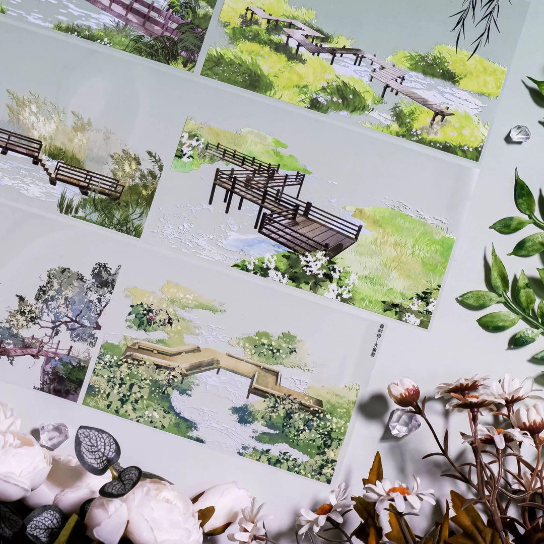 【8881】海外　マステ　5m巻　PETマスキングテープ　橋　池　春景色背景系