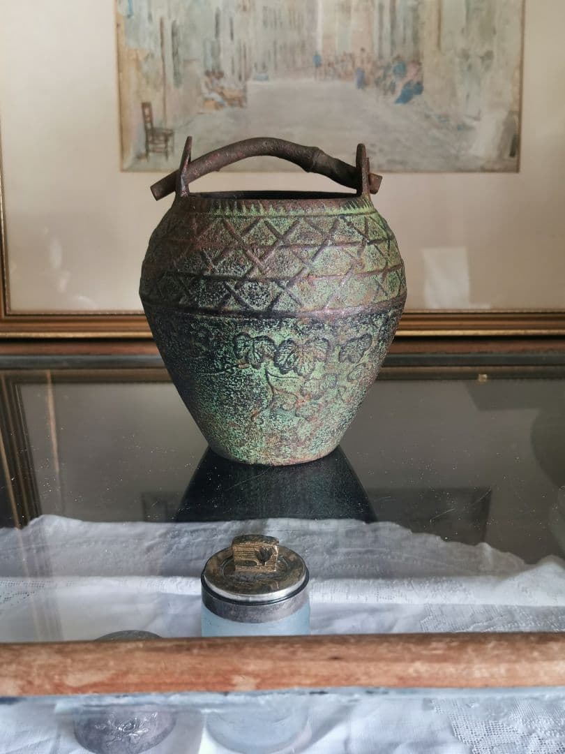 和骨董 青銅花瓶 美しい緑青 朝顔/蔦葉紋 竹象手付き花器 花入れ アンティーク