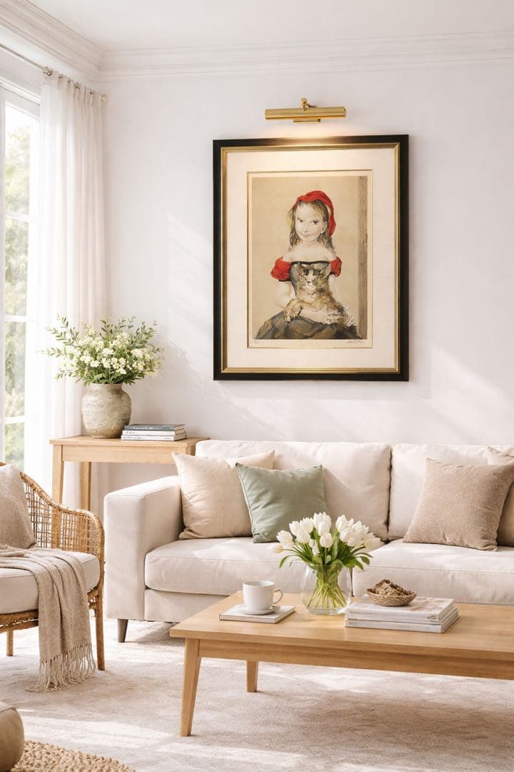 藤田嗣治『猫を抱く少女』限定67/300 額装版画 シルクスクリーン 本物保証