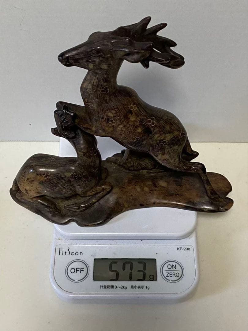 中国美術 希少黄斑石 親子鹿彫刻 置物 年代不明