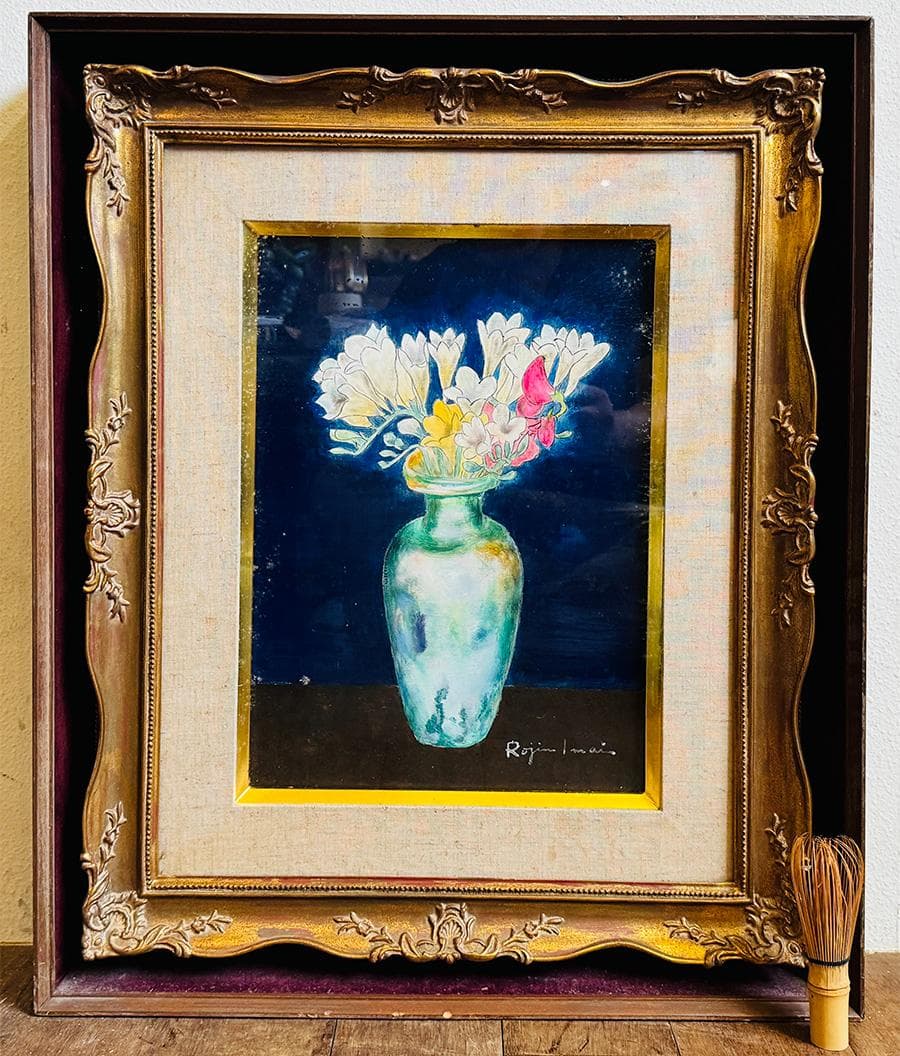 今井ロジン 油絵 「フリージア」F4号 サイン有 裏書有 額装 油絵 絵画 油彩