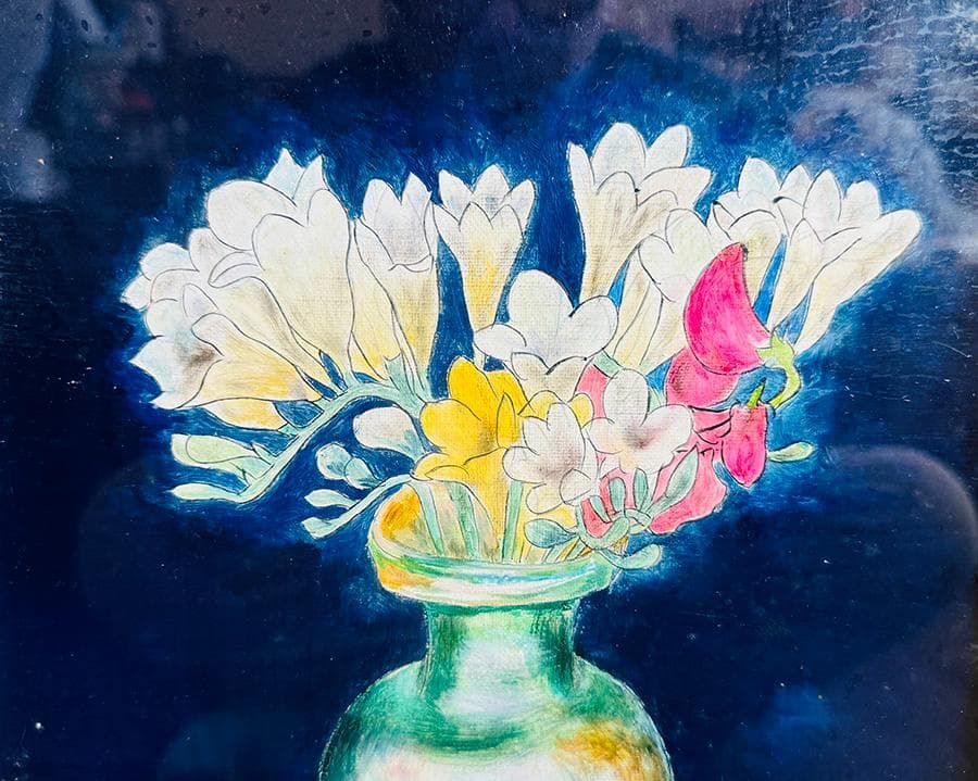 今井ロジン 油絵 「フリージア」F4号 サイン有 裏書有 額装 油絵 絵画 油彩