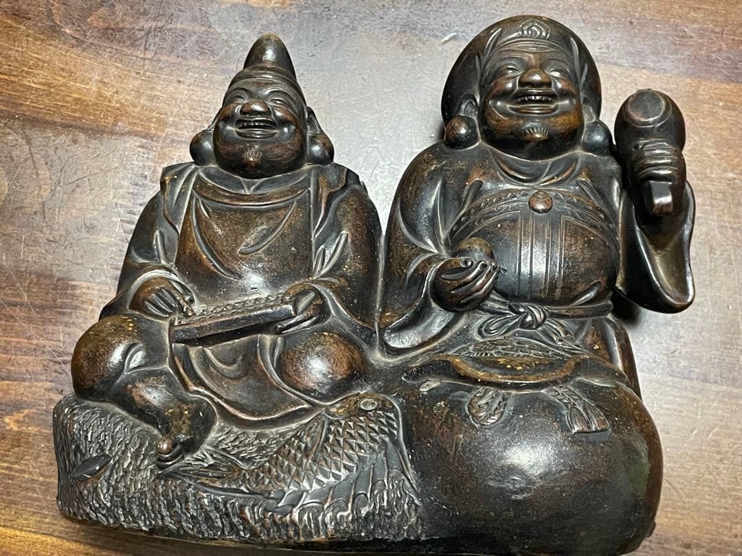 恵比寿大黒 七福神 置物 オブジェ 銘あり 約4kg 高さ18cm 幅23cm