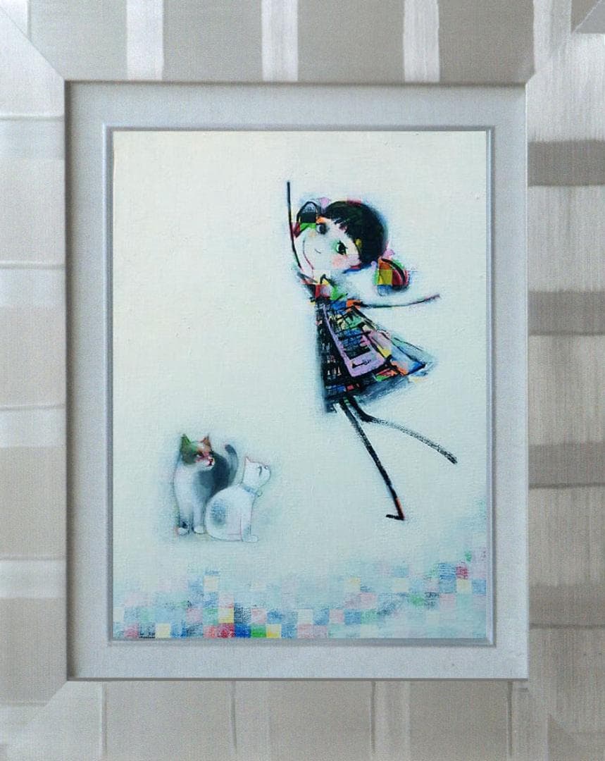 油絵 菅家令子 絵 絵画 インテリア 額付(銀) F4-030419 猫と女の子
