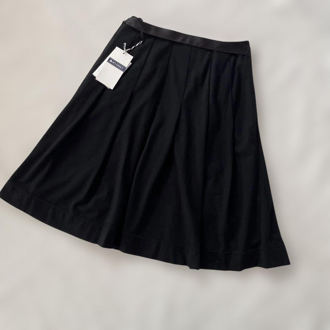 未使用タグ付き エムズグレイシー 黒スカート40 リボン付き 秋冬ウール