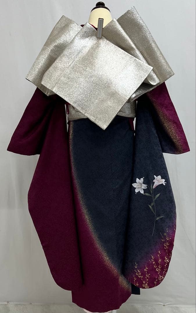 振り袖　フルセット　長襦袢付　金彩加工　希少銀無地両面全通袋帯　535